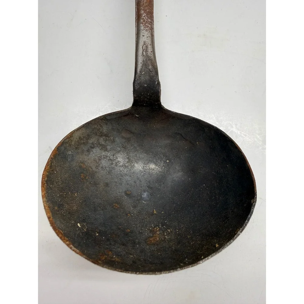 Antique Hand Forged Carbon Steel Wok Spatula and Ladle Set Wooden Handle Rustic